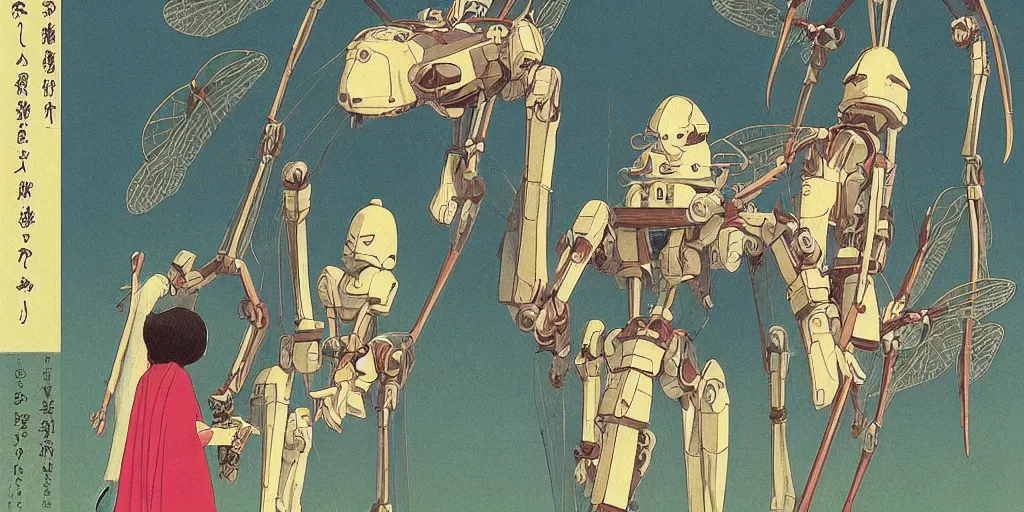 Image similar to gigantic dragonflies with human faces catch tiny robots, a lot of exotic mechas robots around, human heads everywhere, risograph by kawase hasui, dirtyrobot, edward hopper, satoshi kon and moebius, colorful flat surreal design, super - detailed, a lot of tiny details, full - shot, grainy