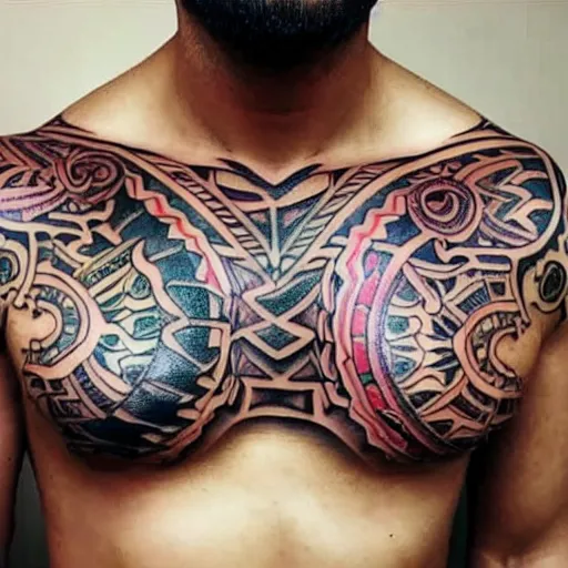 Prompt: tribal tattoo along chest, colorful, intricate detail