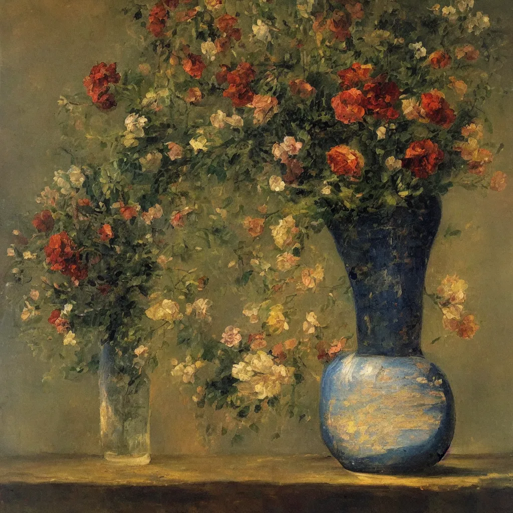 Image similar to beautiful large empty vase in a dark room with light catching on it’s shiny polished surface, no flowers,painted in the style of the old masters, painterly, thick heavy impasto, expressive impressionist style, painted with a palette knife