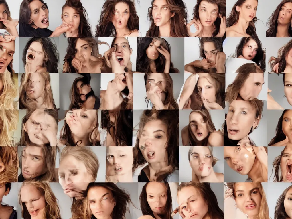 Prompt: a collage of a beautiful supermodel close up showing various facial expressions