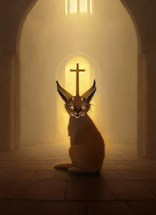 Image similar to surrealistic portrait of cute fluffy anthropomorphic caracal in golden clothes wearing vr in orthodox church, bokeh, foggy, dynamic lighting, darkness, ambients, dramatic, foggy, heavy bokeh and blur, cinematic, depth of field, art by bussiere rutkowski andreas rocha