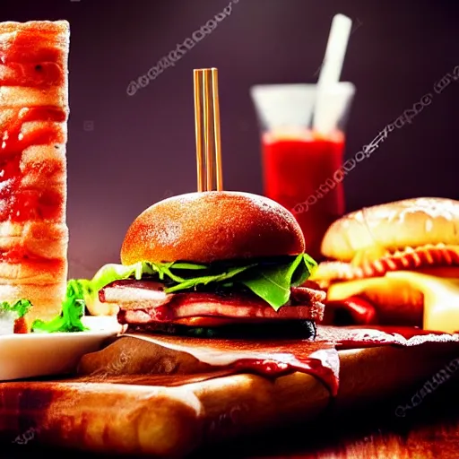 Image similar to food, sandwich, hamburger, steak, drinks, juicy meat, dripping sauce, dramatic lighting, cinematic, artistic