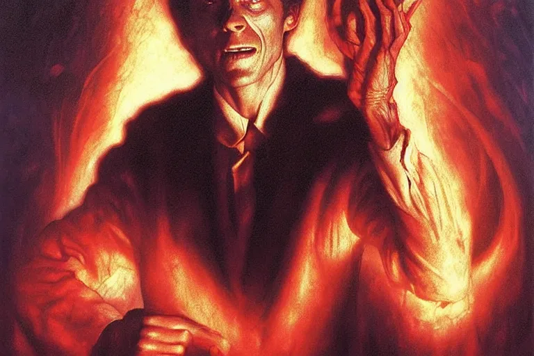 Prompt: young willem defoe in “ constantine ” ( 1 9 8 4 ) artwork, 4 k digital art, neon, 8 0's style tomasz alen kopera, peter mohrbacher, donato giancola, ilya repin, drew struzan hyperrealistic oil painting, gothic ghost horror biomechanical hell demons, frank frazetta