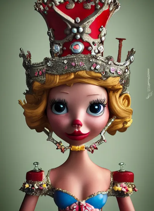 Prompt: closeup face profile portrait of a tin toy fairytale princess wearing a crown eating cakes in the castle, bikini, depth of field, zeiss lens, fashion photoshoot, by nicoletta ceccoli, mark ryden, lostfish, dan decarlo, bob clampett, max fleischer, breathtaking, detailed, hyperrealistic, octane render