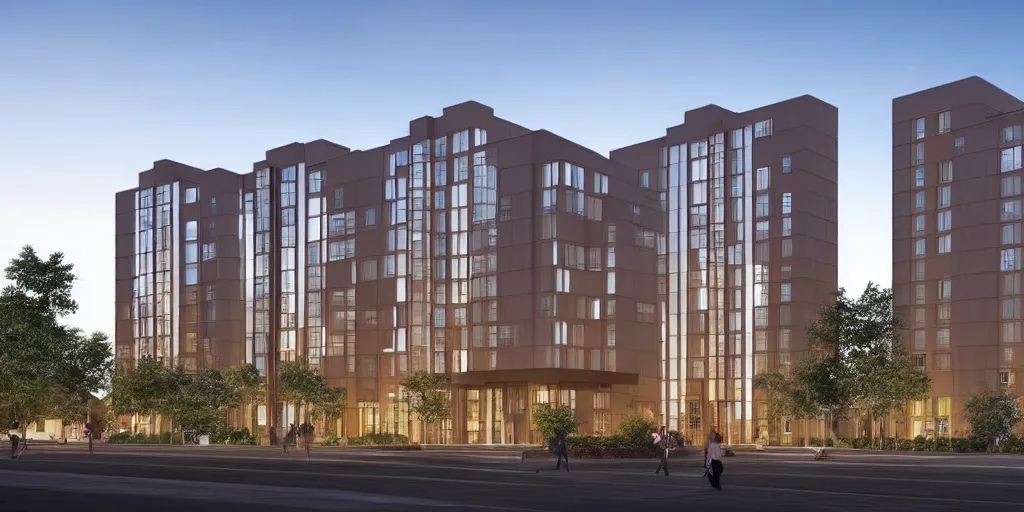 Prompt: contemporary architectural rendering of a multi - family apartment building, three quarter view, full page periodical image, dramatic lighting, night time, lit windows, reflective windows