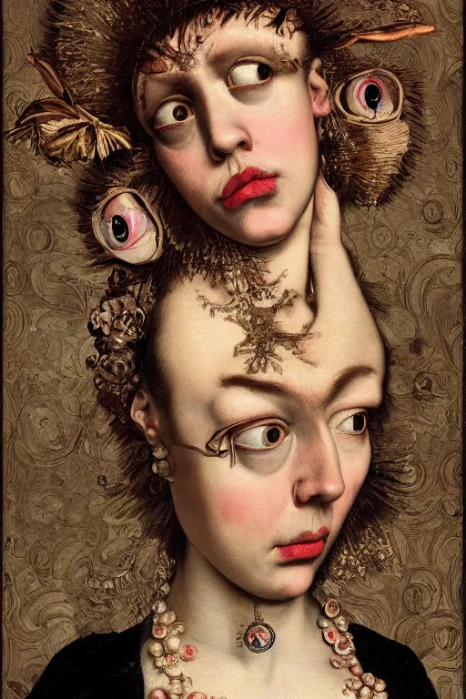 Prompt: Detailed maximalist portrait with large lips and with large eyes, sad exasperated expression, HD mixed media, 3D collage, highly detailed and intricate illustration in the style of Caravaggio, dark art, baroque