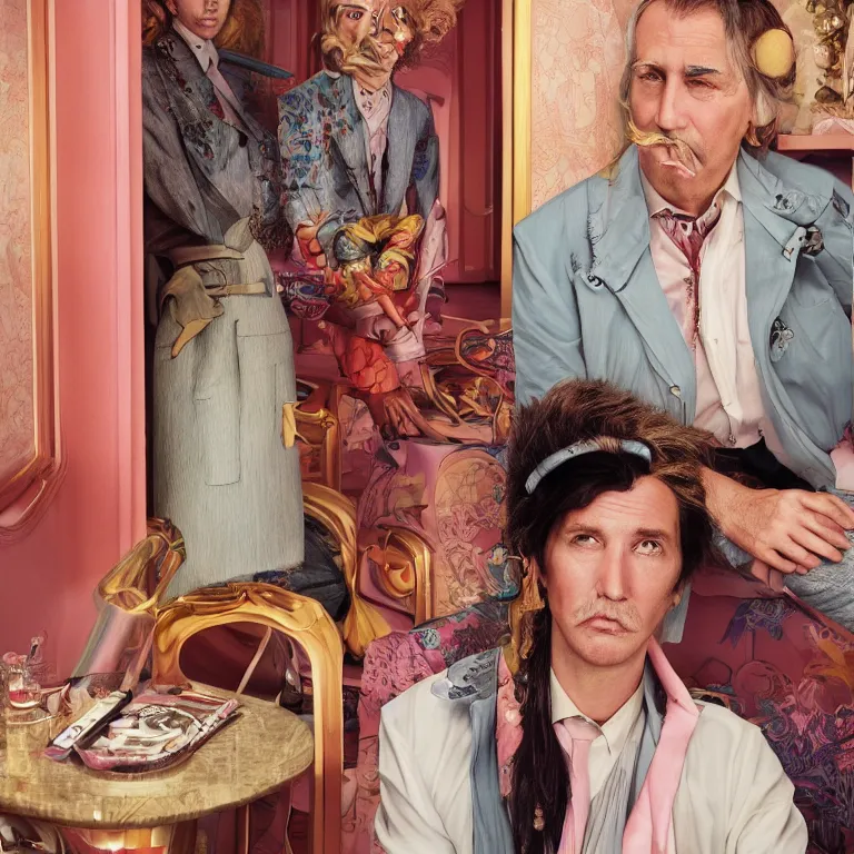 Image similar to vogue photoshoot octane render portrait by wayne barlow and carlo crivelli and glenn fabry, a handsome eccentric man in a bright colorful pastel wes anderson uniform inside a high - end exotic vintage boutique hotel bar, very short depth of field, bokeh