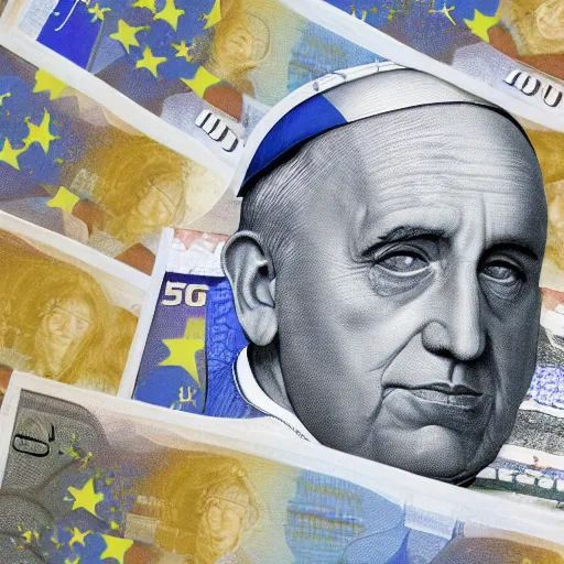 Image similar to A medium shot photograph of the pope laying on a huge pile of euro bills, 4k ultrahd