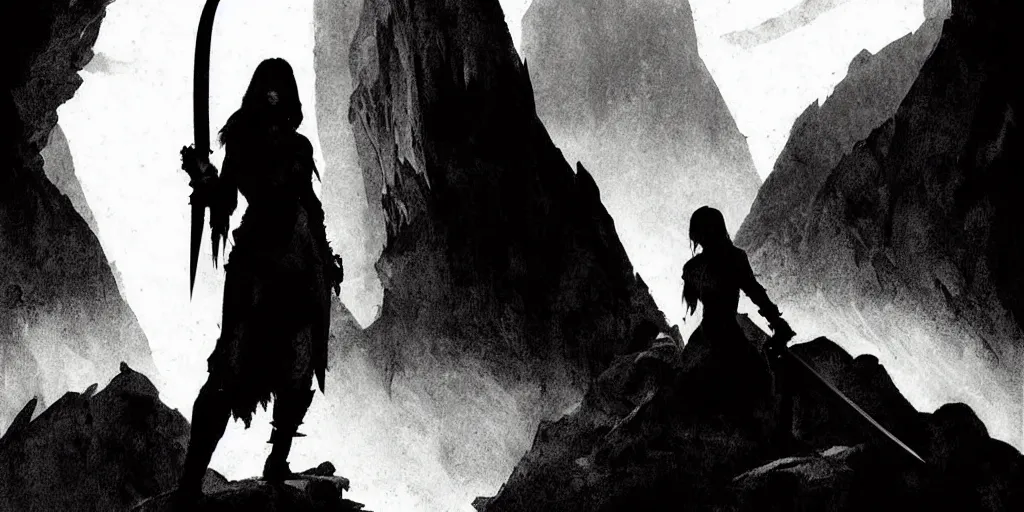 Prompt: epic portrait cinematic shot an female with large sword runnning in a cave of an giant, cloudy, realistic shaded lighting poster by craig mullism, digital art, kvlt by peder balke by theodor kittelsen by guido crepax by norman bluhm mystic high contrast monochromatic noir