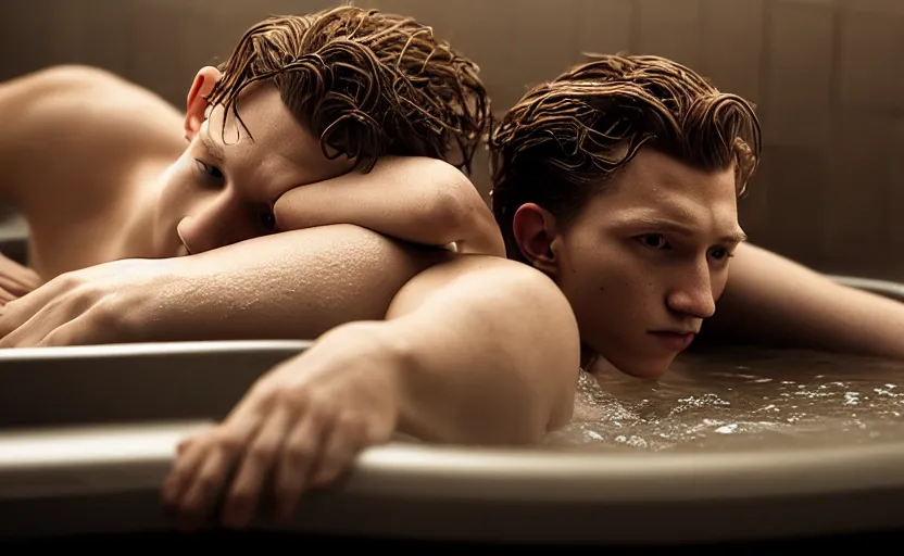 Image similar to photographic portrait by Annie Leibovitz of Tom Holland in a hot tub, foggy, sepia, moody, dream-like, sigma 85mm f/1.4, 15mm, 35mm, 4k, high resolution, 4k, 8k, hd, full color