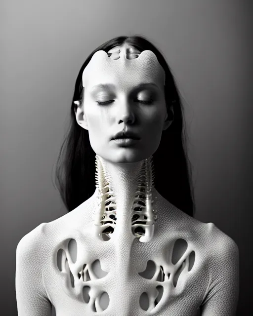 Image similar to dreamy foggy elegant soft luminous bw profile face portrait photo, beautiful young biomechanical - porcelain - female - cyborg with a delicate detailed mandelbrot fractal texture skin and a very long neck with gothic pearl embroidered collar, halo, white smoke atmosphere, rim light, by cecile beaton, 8 k