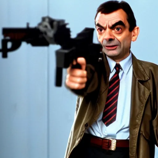 Prompt: A still of Mr Bean as the Terminator in The Terminator