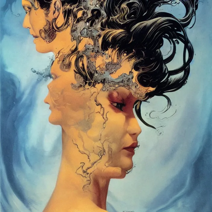 Image similar to portrait of a woman with swirling hair and fractal skin by frank frazetta, retrofuturism, psychedelic art reimagined by industrial light and magic