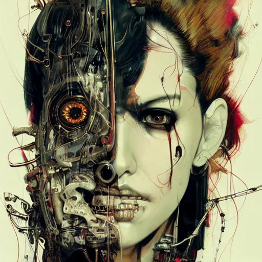 Prompt: a female cyberpunk noir detective, skulls, wires cybernetic implants, machine noir grimcore, in the style of adrian ghenie esao andrews jenny saville surrealism dark art by james jean takato yamamoto and by ashley wood