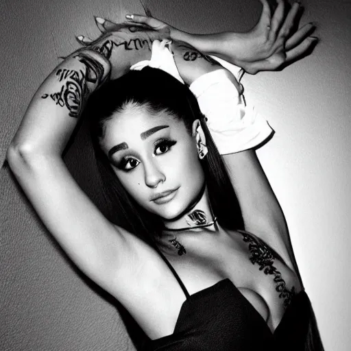 Image similar to ariana grande recursive photo beautiful ariana grande photo bw photography 130mm lens. ariana grande backstage photograph posing for magazine cover. award winning promotional photo. !!!!!COVERED IN TATTOOS!!!!! TATTED ARIANA GRANDE NECK TATTOOS. Zoomed out full body photography. Dramatic pose, reclining