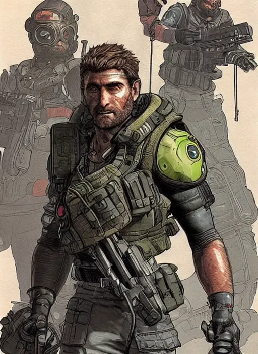 Image similar to apex legends sam fisher. concept art by james gurney and mœbius.