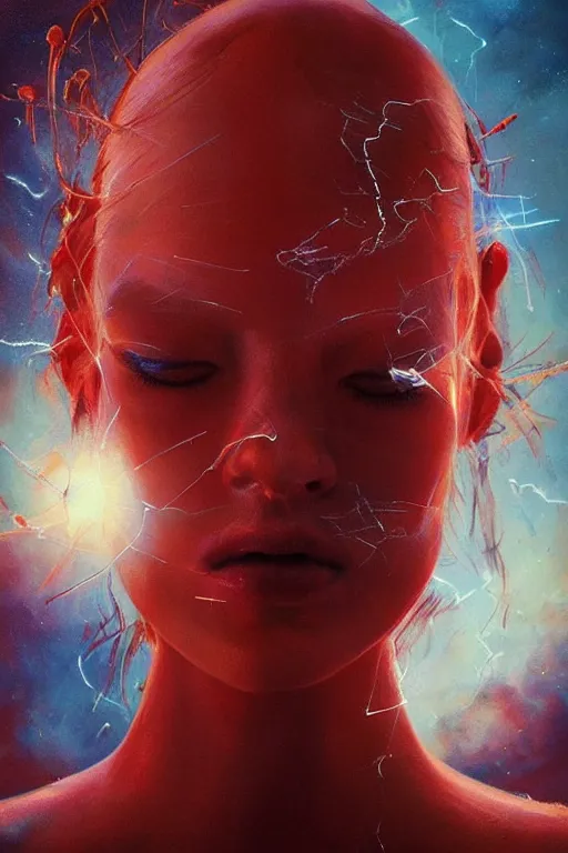 Image similar to 3 d, sci - fi, morning, madness fashion model face, sun, cinematic, lightning clouds, vogue cover style, light red and deep blue mood, realistic painting, intricate oil painting, high detail, figurative art, multiple exposure, poster art, 3 d, by stanley kubrick and tooth wu and wlop and beeple and greg rutkowski