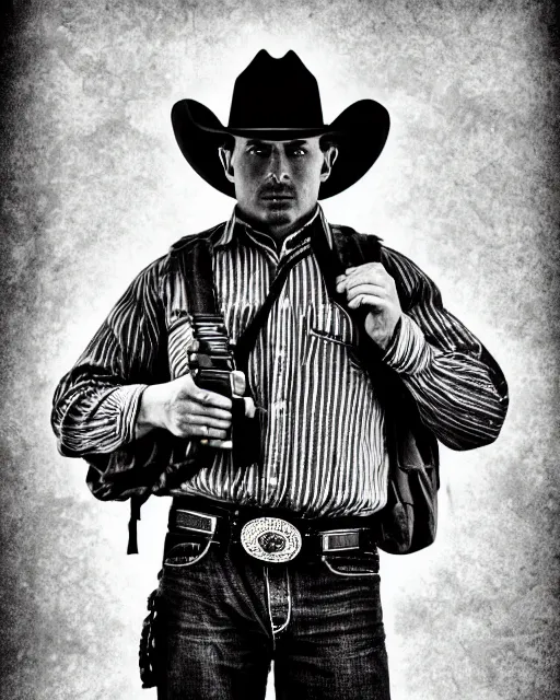 Image similar to portrait of cowboy holding realistic symmetrical colt single action army revolver, black and white polaroid, western, high production value, intricate details, high resolution, hyperrealistic, hdr, high definition, award winning photography, masterpiece, ultra realistic, highly detailed, hd, sharp focus, cinematic lighting, shaded, non blurry, sharp, smooth