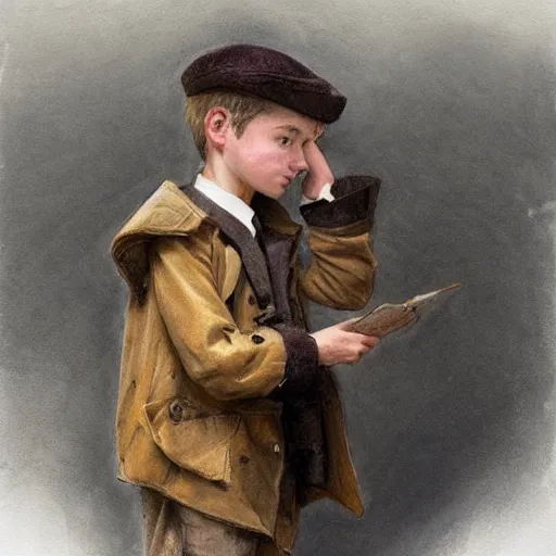 Image similar to ((color sketch)) by Jean-Baptiste Monge !!!!!!!!!!!!!!!!!!!!!!!!!!!!!!!!!!!!! (((((((((((((portrait of boy dressed as steampunk detective wearing leather gloves . muted colors.)))))))))))))