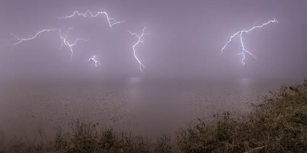 Image similar to empty lake at night, there is fog glazing over the water. it is raining, with lightning strikes.