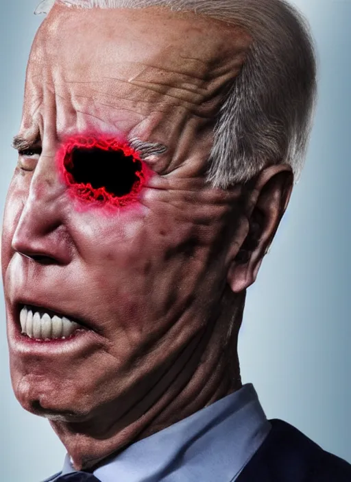 Image similar to hyper realistic terror photo Doom horror furious glowing red eyes biden