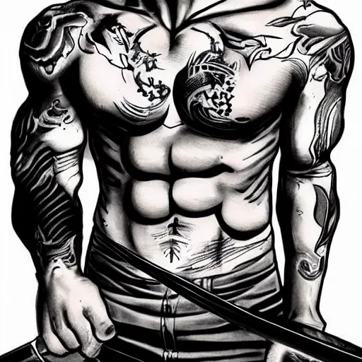 Image similar to muscular bald man, tattooed body, sword in hands, HD, anime style,