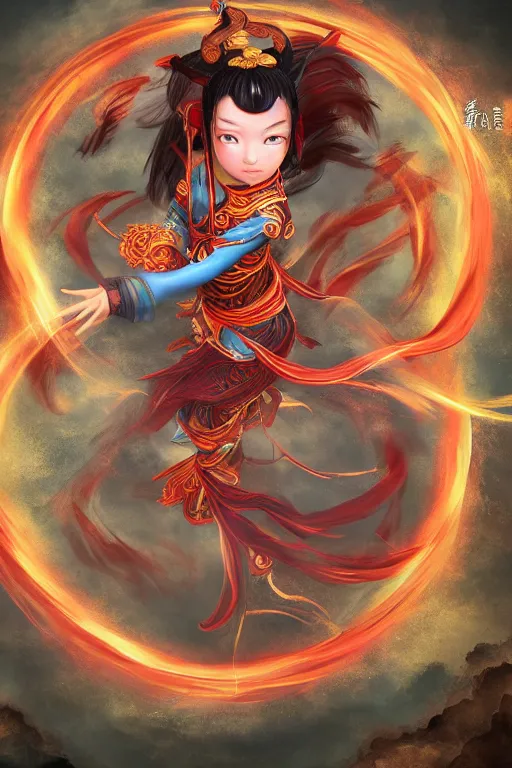 Image similar to nezha flies around swiftly on his wind flame circles, chinese mythology, top view, cinematic, fantasy character portrait, highly detailed, by new gods : nezha reborn, nezha : birth of the demon child,