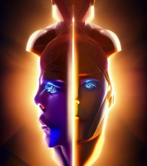 Image similar to symmetry!! egyptian prince of technology, solid cube of light, hard edges, product render retro - futuristic poster scifi, lasers and neon circuits, brown skin man egyptian prince, intricate, elegant, highly detailed, digital painting, artstation, concept art, smooth, sharp focus, illustration, dreamlike, art by artgerm