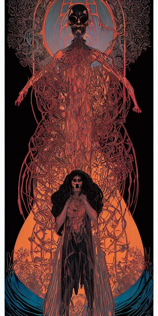 Image similar to intense glowing black metal pagan god with spider eyes and spider legs with a skull in very dark void by josan gonzales and moebius and alphonse mucha, portrait, light beams, lens flare, studio muti, malika favre, rhads, makoto, black and red and teal