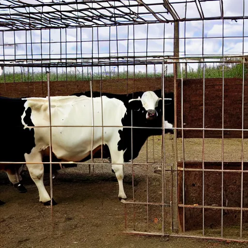 Prompt: cow escaping a cage