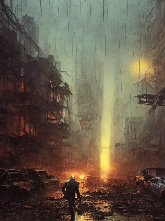 Prompt: First Person Point view of Resident Evil Village monster attacking me in the wreckage city in the rain,by Tim Hildebrandt ,James Paick,Ted Nasmith, peter gric,Hugh Ferriss,trending on artstation,8k,Blade Runner 2049,ultra realistic,high detail,golden ratio,cinematic lighting,maximalist