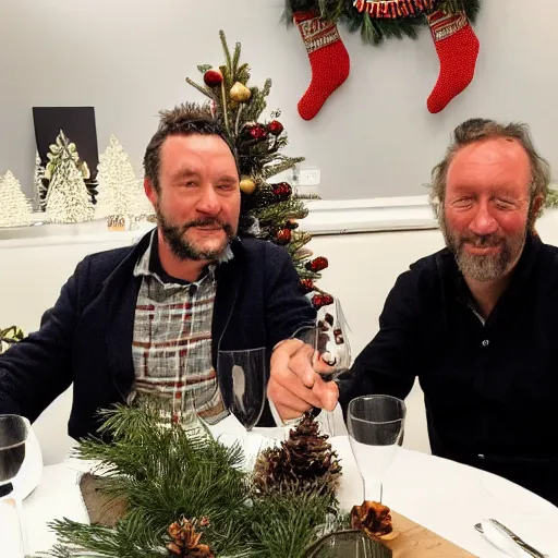 Prompt: Dutch van der Linde and Colm O'Driscoll sharing a Christmas dinner together