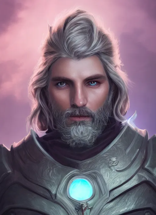 Image similar to an epic fantastic realism comic book style portrait painting of an aasimar paladin, male, silver hair, short brown beard, glowing eyes, d & d concept art, regal, unreal 5, daz, teal aesthetic, octane render, cosplay, rpg portrait, dynamic lighting