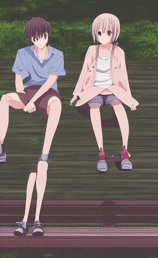 Image similar to a midshot perspective of a guy and a girl sitting on a bench together both blushing and looking away, slice of life anime digital art, 4k ultra