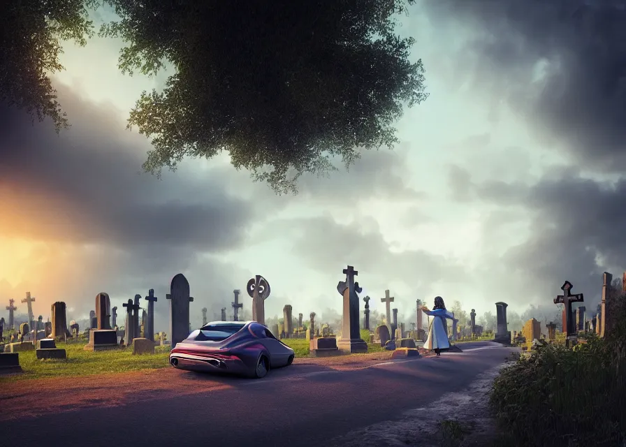 Image similar to a disheveled young woman watches as a car driving down a road next to a medieval cemetery, a digital rendering by michael flohr, inspired by tom bagshaw, instagram contest winner, futurism, matte painting, outrun, terragen
