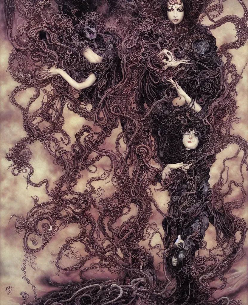 Prompt: an eternal cosmic goddess of death with tentacles by Ayami Kojima, Amano, Karol Bak, Greg Hildebrandt, and Mark Brooks, rich deep colors. Beksinski painting, part by Adrian Ghenie and Gerhard Richter. art by Takato Yamamoto. masterpiece . intricate artwork by Tooth Wu and wlop and beeple, greg rutkowski, very coherent symmetrical artwork, cinematic, hyper realism, high detail, octane render, unreal engine, 8k, Vibrant colors, Smooth gradients, High contrast, depth of field. by Katsuhiro Otomo, full body character drawing, inspired by Evangeleon, clean ink detailed line drawing, intricate detail, extremely detailed. painting by Arthur Rackham, Eugene de Blaas, Frederic Leighton