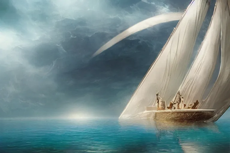 Image similar to sailing boat on a lake of dreams, matte painting, concept art, stunning, ultra sharp focus