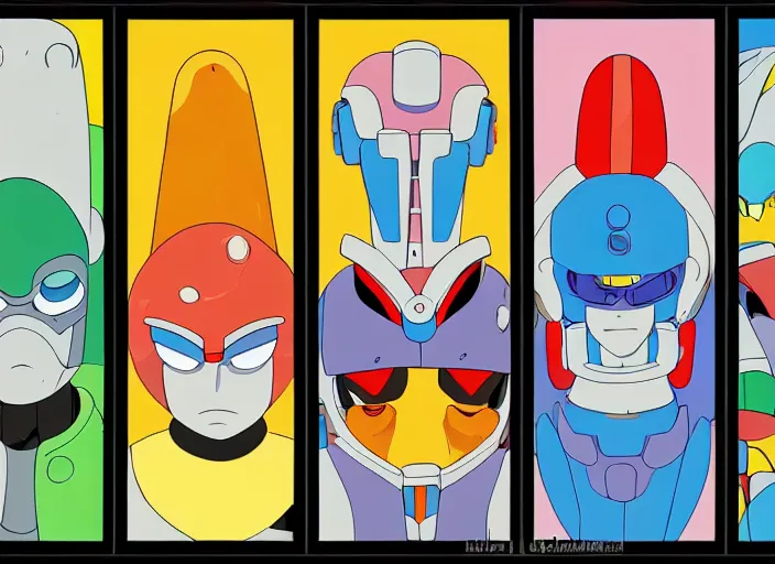 Prompt: 3 rows of 3 framed closeup colorful anime face portraits of cute evil robots from mega man, inspired by osamu tezuka, with a futuristic robotic background.