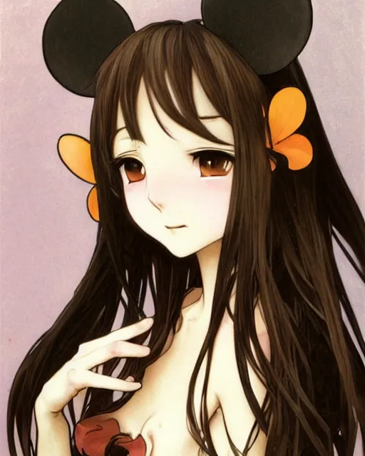 Image similar to A cute frontal painting of a very very beautiful anime skinny mousegirl with long wavy brown colored hair and small mouse ears on top of her head wearing a cute black dress and black shoes looking at the viewer, elegant, delicate, feminine, soft lines, higly detailed, smooth , pixiv art, ArtStation, artgem, art by alphonse mucha Gil Elvgren and Greg rutkowski, high quality, digital illustration, concept art, very long shot, game character