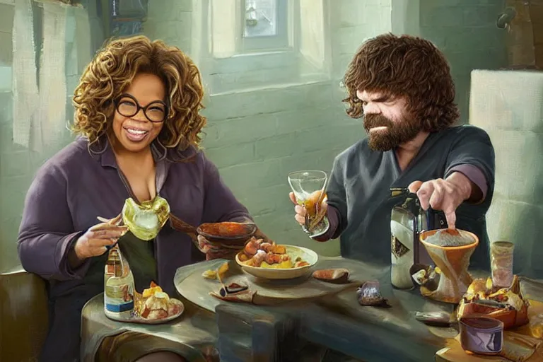 Image similar to portrait of oprah winfrey feeding peter dinklage a bottle, an oil painting by ross tran and thomas kincade