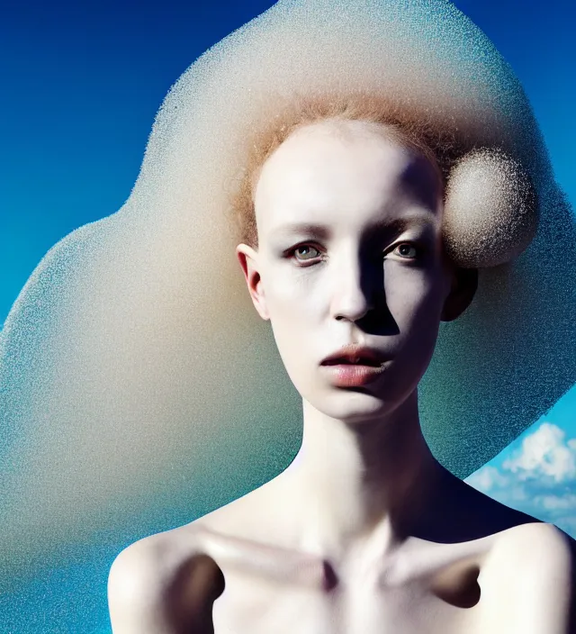 Image similar to photography face portrait of one stunning woman in white beach ocean, dress by iris van herpen, creative colorfull - makeup, curly hair style halflong, photography by paolo roversi nick knight, helmut newton, avedon, and araki, sky forest background, natural pose, highly detailed, skin grain detail