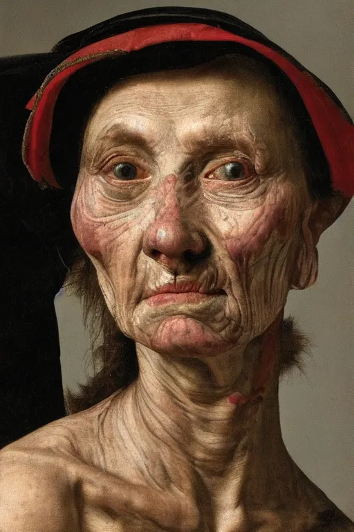 Image similar to hyperrealism extreme close-up portrait of medieval female with with leprosy, with mustache, pale skin, wearing cylinder hat, in style of Caravaggio