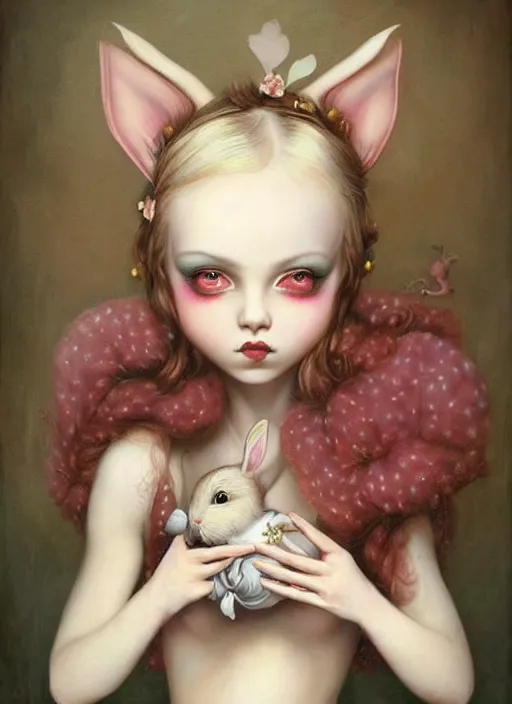 Image similar to pop surrealism, lowbrow art, realistic cute alice girl painting, holding a bunny, hyper realism, muted colours, rococo, natalie shau, loreta lux, tom bagshaw, mark ryden, trevor brown style,