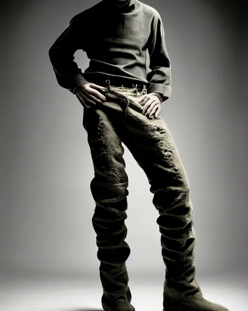 Image similar to an award - winning photo of an ancient male model wearing a plain boot cut flared distressed medieval designer menswear trousers designed by alexander mcqueen, 4 k, studio lighting, wide angle lens, 2 0 0 4