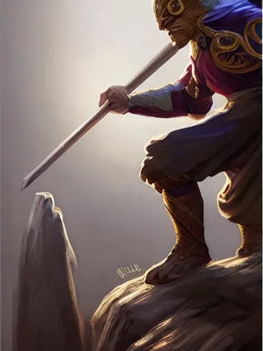 Image similar to a master a wooden quarterstaff in a desperate posture ready to fight. cornered by enemies. intricate, elegant, highly detailed, digital painting, artstation, concept art, sharp focus, illustration, by justin gerard and artgerm, 8 k