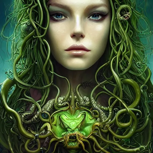 Image similar to beautiful a muse of beauty, medusa Vraska golgari queen, long flowing medusa hair, mostly green and leather pirate armor, young female face, vine like plants and jungle background, cinematic top lighting, insanely detailed and intricate, face by wlop, Charlie Bowater, golden ratio, symmetric, elegant, ornate, luxury, elite, matte painting, MTG, magic the gatheing, cinematic, cgsociety, 8k, high resolution,