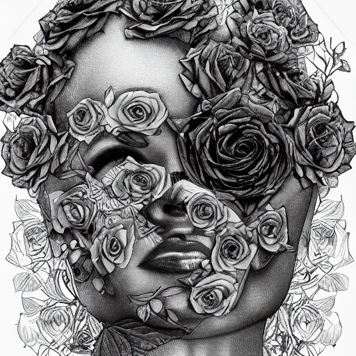 Image similar to the anatomy of a head of lettuce with roses that resemble a beautiful young black woman looking up, an ultrafine detailed illustration by james jean, intricate linework, bright colors, final fantasy, behance contest winner, vanitas, angular, altermodern, unreal engine 5 highly rendered, global illumination, radiant light, detailed and intricate environment