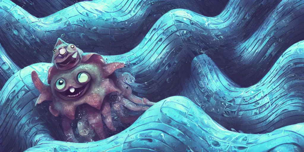 Image similar to of a stormy ocean with strange cute friendly happy creatures with huge eyes, mouth, long tongue, round teeth and goofy face, appearing from the background, in the style of gehry and gaudi, macro lens, shallow depth of field, ultra detailed, digital painting, trending artstation, concept art, illustration, cinematic lighting, photorealism, epic, octane render