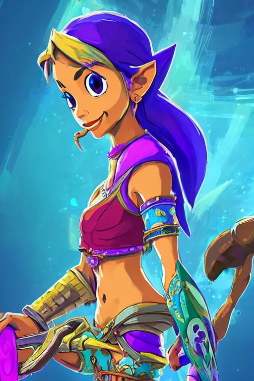 Prompt: an in game portrait of shantae from the legend of zelda breath of the wild, breath of the wild art style.