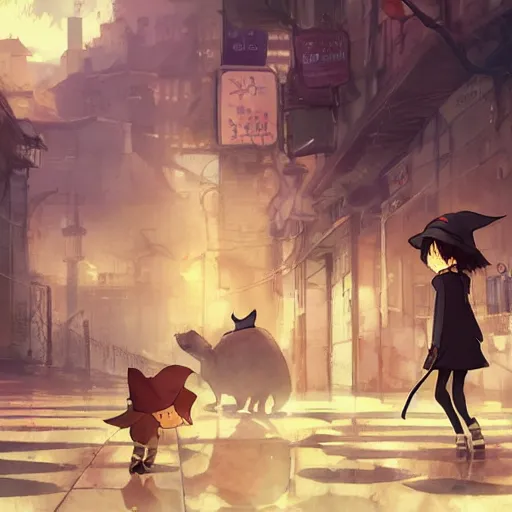 Image similar to anime key visual of a little witch with her capybara mascot walking through busy cities, cinematic lighting, dramatic atmosphere, by dustin nguyen, akihiko yoshida, greg tocchini, greg rutkowski, cliff chiang, 4 k resolution, craig mullins